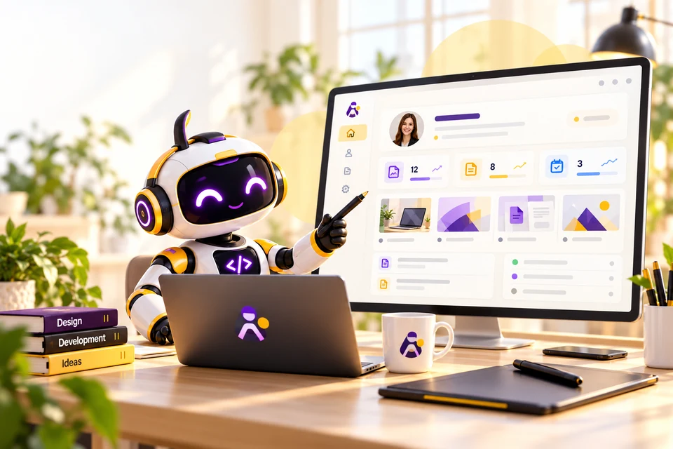 Illustrazione: robot Miprofile con laptop e anteprima della dashboard.